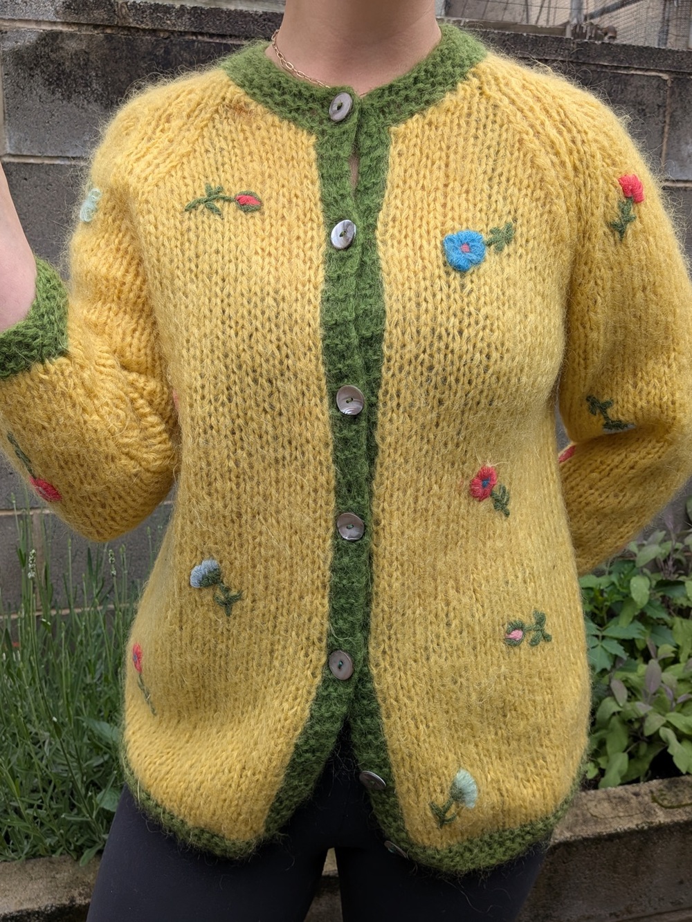 Yellow Floral Cardigan Sweater with Green Trim